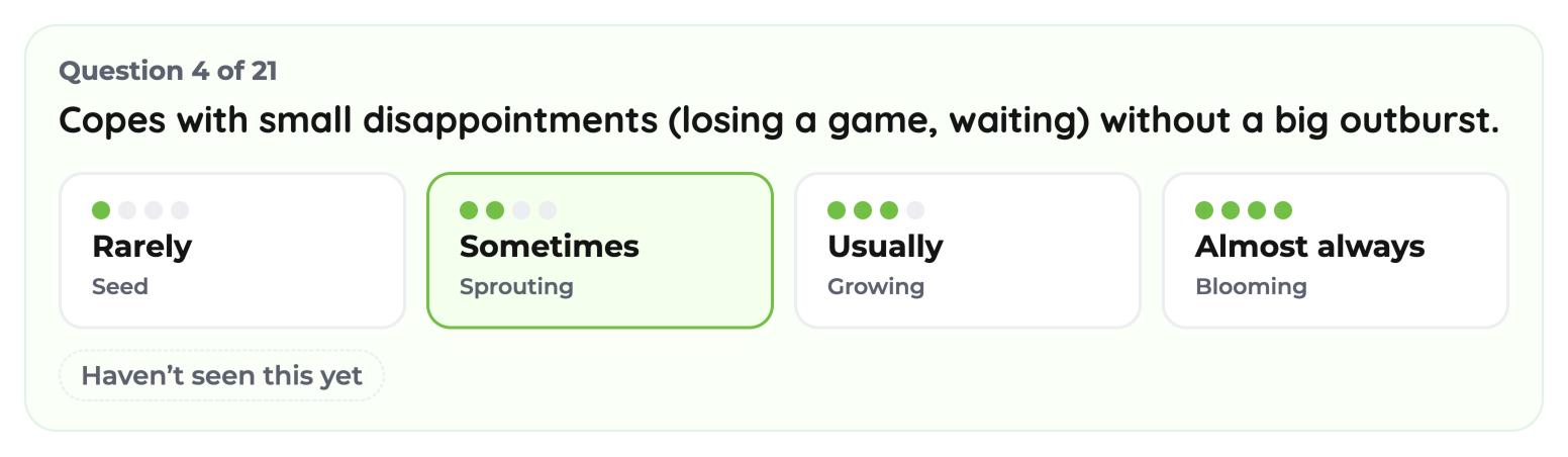 Tilli teacher observation screen: question 4 of 21, “Copes with small disappointments (losing a game, waiting) without a big outburst”, rated on a four-step scale from Rarely to Almost always, with Sometimes selected